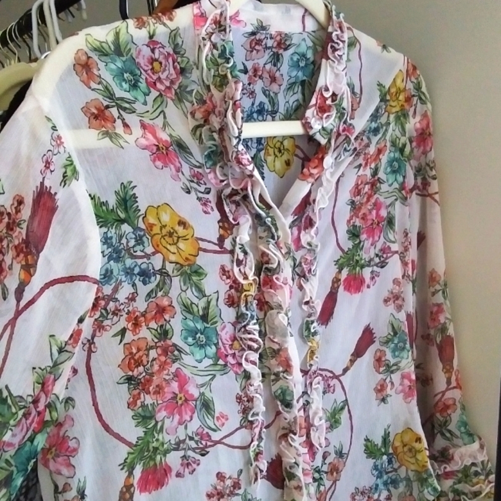 Super Sheer Floral Blouse w/ Ruffles